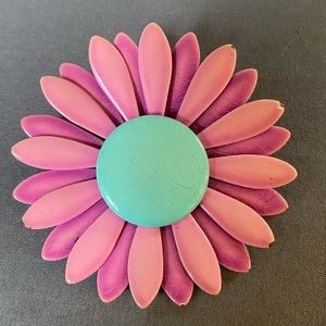 Vintage Flower brooch pin. Metal Pink and Aqua.